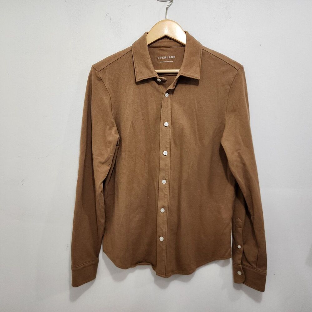 Everlane The Long-Sleeve Pique Shirt Brown Mens Size S Stretch Knit Cotton